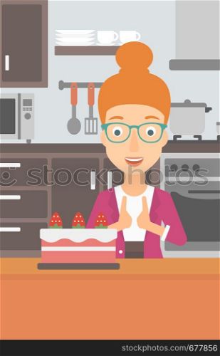 A happy woman standing in the kitchen and looking with passion at a big cake vector flat design illustration. Vertical layout.. Woman looking at cake.