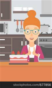 A happy woman standing in the kitchen and looking with passion at a big cake vector flat design illustration. Vertical layout.. Woman looking at cake.