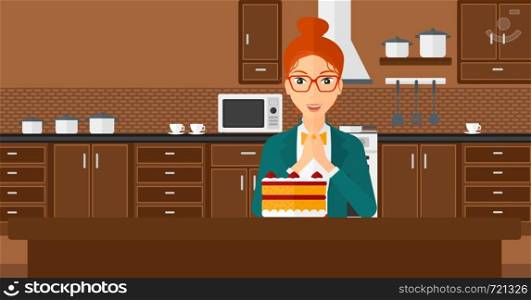 A happy woman standing in the kitchen and looking with passion at a big cake vector flat design illustration. Horizontal layout.. Woman looking at cake.