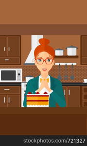 A happy woman standing in the kitchen and looking with passion at a big cake vector flat design illustration. Vertical layout.. Woman looking at cake.