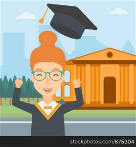 A happy woman throwing up her hat on the background of educational building vector flat design illustration. Square layout.. Graduate throwing up his hat.