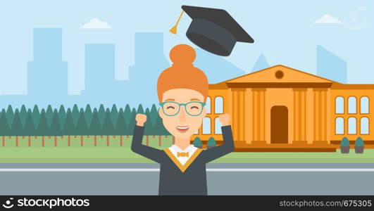 A happy woman throwing up her hat on the background of educational building vector flat design illustration. Horizontal layout.. Graduate throwing up his hat.