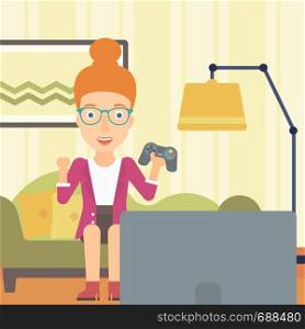 A happy woman with gamepad in hands sitting on a sofa in living room vector flat design illustration. Square layout.. Woman playing video game.