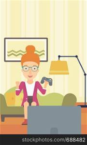 A happy woman with gamepad in hands sitting on a sofa in living room vector flat design illustration. Vertical layout.. Woman playing video game.