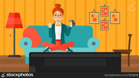 A happy woman with gamepad in hands sitting on a sofa in living room vector flat design illustration. Horizontal layout.. Woman playing video game.