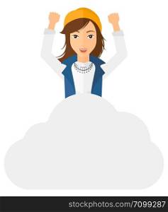A happy woman with raised hands sitting on a cloud vector flat design illustration isolated on white background. . Woman sitting on cloud.