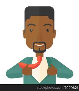 A happy working african man want to change his clothes as to change his position in the company. Successful concept. A Contemporary style. Vector flat design illustration isolated white background. Square layout.. Happy Working african man to change his clothes.