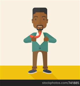 A happy working african man want to change his clothes as to change his position in the company. Successful concept. A Contemporary style with pastel palette, soft beige tinted background. Vector flat design illustration. Square layout with text space on left and right side.. Happy Working african man to change his clothes.