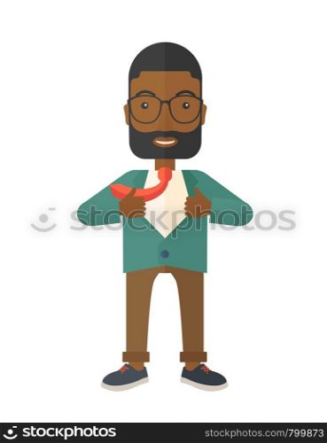 A happy working african man want to change his clothes as to change his position in the company. Successful concept. A Contemporary style. Vector flat design illustration isolated white background. Vertical layout. Happy Working african man to change his clothes.