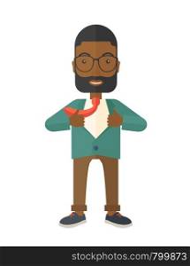 A happy working african man want to change his clothes as to change his position in the company. Successful concept. A Contemporary style. Vector flat design illustration isolated white background. Vertical layout. Happy Working african man to change his clothes.