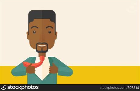A happy working african man want to change his clothes as to change his position in the company. Successful concept. A Contemporary style with pastel palette, soft beige tinted background. Vector flat design illustration. Horizontal layout with text space in right side.. Happy Working african man to change his clothes.