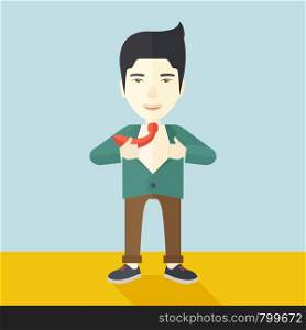A happy working chinese man want to change his clothes as to change his position in the company. Successful concept. A Contemporary style with pastel palette, soft blue tinted background. Vector flat design illustration. square layout.. Happy Working man to change his clothes.