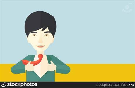 A happy working chinese man want to change his clothes as to change his position in the company. Successful concept. A Contemporary style with pastel palette, soft blue tinted background. Vector flat design illustration. Horizontal layout with text space in right side.. Happy Working man to change his clothes.