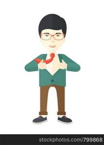 A happy working chinese man want to change his clothes as to change his position in the company. Successful concept. A Contemporary style. Vector flat design illustration isolated white background. Vertical layout.. Happy Working man to change his clothes.