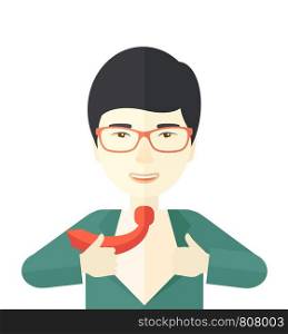 A happy working chinese man want to change his clothes as to change his position in the company. Successful concept. A Contemporary style. Vector flat design illustration isolated white background. Square layout.. Happy Working man to change his clothes.