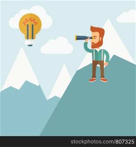A Happy young hipster man with the beard holding telescope looking the bulb on the top of the blue mountain with snow trying to get some ideas on the sky. A contemporary style with pastel palette soft blue tinted background with desaturated clouds. Vector flat design illustration. Square layout.. Cheerful, leader man