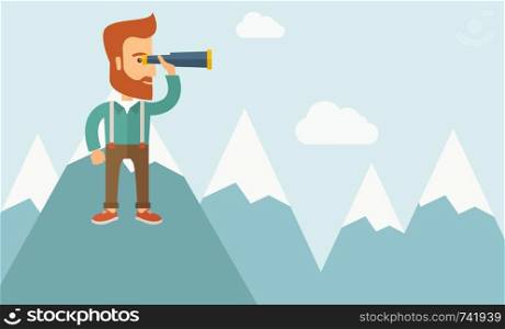 A Happy young hipster man with the beard holding telescope on the top of the blue mountain with snow trying to look for something on the sky. A contemporary style with pastel palette soft blue tinted background with desaturated clouds. Vector flat design illustration. Horizontal layout with text space in right side.. Cheerful, leader man