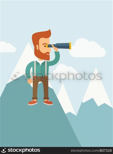 A Happy young hipster man with the beard holding telescope on the top of the blue mountain with snow trying to look for something on the sky. A contemporary style with pastel palette soft blue tinted background with desaturated clouds. Vector flat design illustration. Vertical layout with text space on top part.. Cheerful, leader man