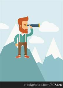 A Happy young hipster man with the beard holding telescope on the top of the blue mountain with snow trying to look for something on the sky. A contemporary style with pastel palette soft blue tinted background with desaturated clouds. Vector flat design illustration. Vertical layout with text space on top part.. Cheerful, leader man