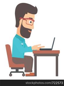 A happy young hipster man with the beard sitting at the table and working at the laptop vector flat design illustration isolated on white background.. Man working at laptop.