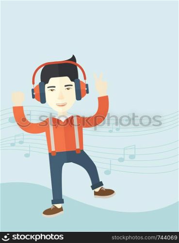 A happy young man dancing, singing while listening to music with headphones showing the notes at his back. Happy concept. A Contemporary style with pastel palette, soft blue tinted background. Vector flat design illustration. Vertical layout with text space on top part.. Happy young man dancing while listening to music.