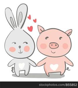 A hare and pig are in love vector or color illustration