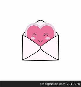 A heart in love with cute eyes in an envelope. Drawing of a heart in Japanese style. Illustration for Valentine’s day.