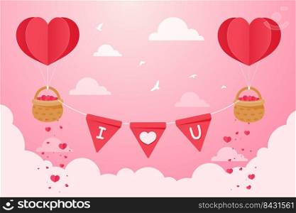 A heart shaped balloon floating in the sky with a basket filled with red hearts to give gifts to couples.