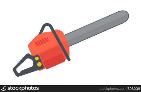 A heavy duty chainsaw used to cut, trim trees and firewood. A Contemporary style. Vector flat design illustration isolated white background. Horizontal layout.. Heavy duty chainsaw