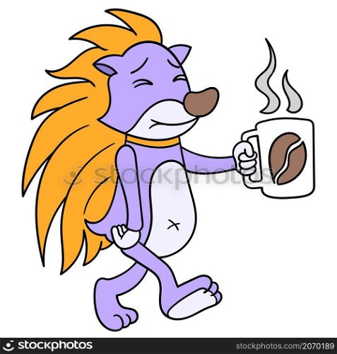 a hedgehog is walking sleepily carrying a glass of coffee