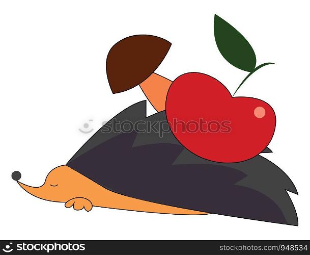 A hedgehog with apple and mushroom at the back, vector, color drawing or illustration.