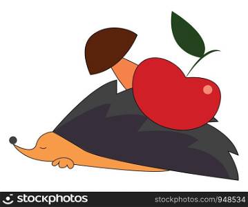 A hedgehog with apple and mushroom at the back, vector, color drawing or illustration.