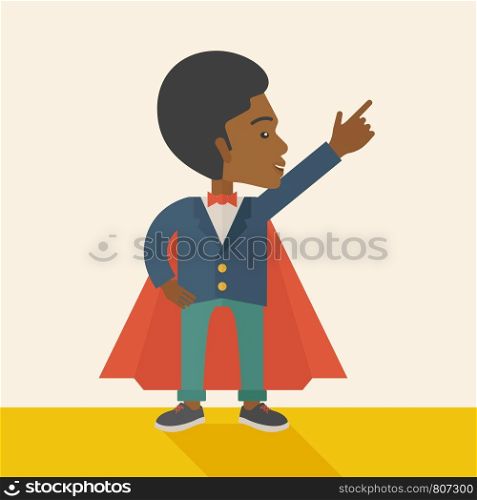 A hero african businessman pointing up high to the sky with success and vision to be number one in business. Motivation concept. A Contemporary style with pastel palette, soft beige tinted background. Vector flat design illustration. Square layout.. Hero african man pointing up high to the sky.