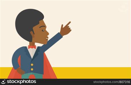 A hero african businessman pointing up high to the sky with success and vision to be number one in business. Motivation concept. A Contemporary style. Vector flat design illustration.. Hero african man pointing up high to the sky.