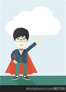 A hero chinese businessman pointing up high to the sky with success and vision to be number one in business. Motivation concept. A Contemporary style with pastel palette, soft blue tinted background with desaturated cloud. Vector flat design illustration. Vertical layout.. Hero chinese man pointing up high to the sky.