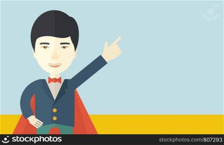 A hero chinese businessman pointing up high to the sky with success and vision to be number one in business. Motivation concept. A Contemporary style with pastel palette, soft blue tinted background. Vector flat design illustration. Horizontal layout with text space in right side.. Hero chinese man pointing up high to the sky.