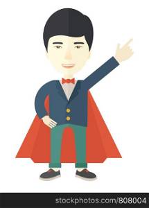 A hero chinese businessman pointing up high to the sky with success and vision to be number one in business. Motivation concept. A Contemporary style. Vector flat design illustration isolated white background. Vertical layout.. Hero chinese man pointing up high to the sky.