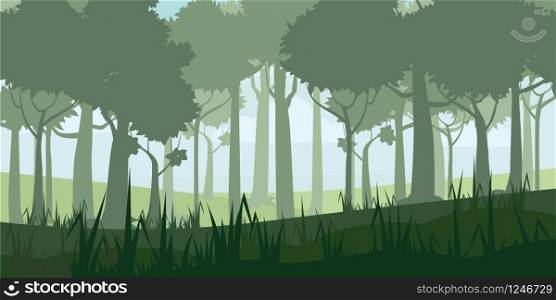 A high quality background of landscape with deep deciduous forest. Flat style.. A high quality background of landscape with deep deciduous forest. Cartoon style. Vector, illustratoin