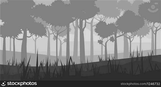 A high quality background of landscape with deep deciduous forest. Flat style.. Background of landscape with deep deciduous forest. Cartoon style. Vector, illustratoin