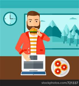 A hipser man with the beard standing in room in front of a laptop while eating junk food vector flat design illustration. Square layout.. Man eating hamburger.