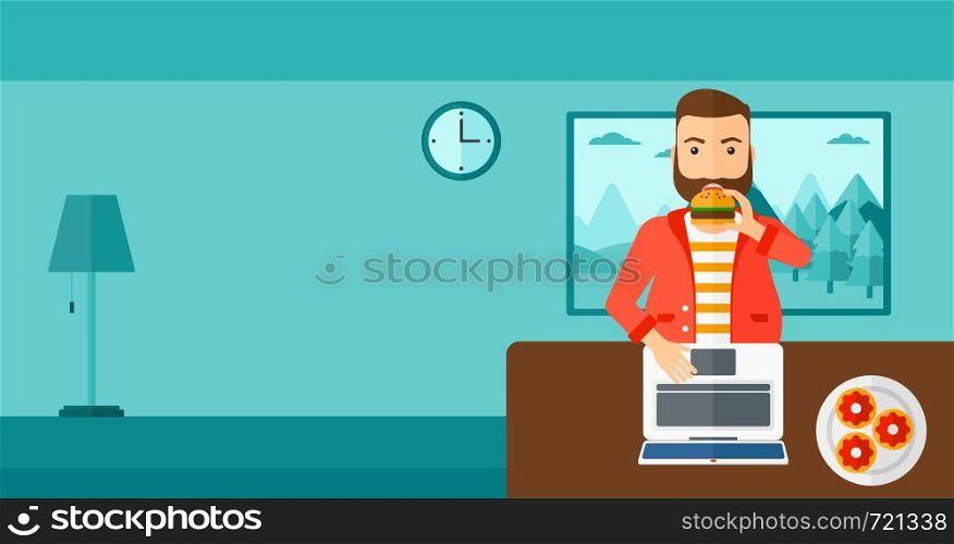 A hipser man with the beard standing in room in front of a laptop while eating junk food vector flat design illustration. Horizontal layout.. Man eating hamburger.