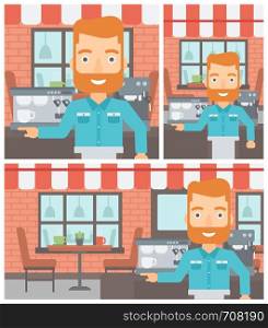 A hipster barista with the beard sanding in front of coffee machine. Barista at coffee shop. Barista making a cup of coffee. Vector flat design illustration. Square, horizontal, vertical layouts.. Barista standing near coffee machine.