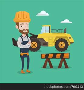 A hipster builder with the beard standing with arms crossed. Confident builder in hard hat standing on a background of construction site or road works. Vector flat design illustration. Square layout.. Confident builder with arms crossed.