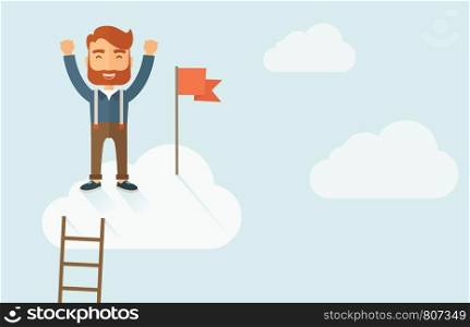 A hipster businessman climbed using the ladder and standing on the top of the cloud holding the red flag. Leadership concept. A contemporary style with pastel palette soft blue tinted background with desaturated clouds. Vector flat design illustration. Horizontal layout. . Successful businessman