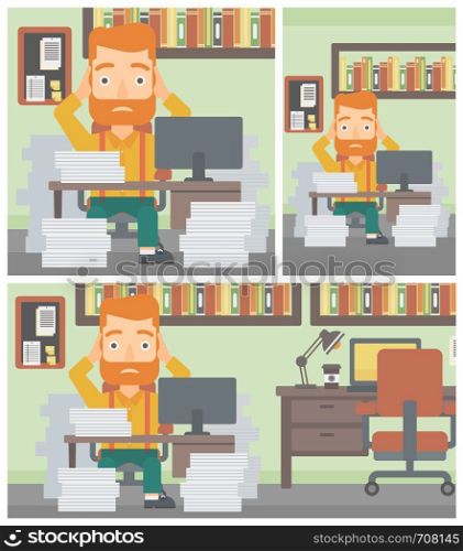A hipster businessman in despair sitting at workplace with heaps of papers and clutching his head. Vector flat design illustration. Square, horizontal, vertical layouts.. Business man in despair sitting in office.