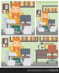 A hipster businessman in despair sitting at workplace with heaps of papers and clutching his head. Vector flat design illustration. Square, horizontal, vertical layouts.. Business man in despair sitting in office.