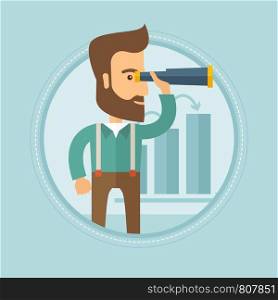 A hipster businessman looking through a spyglass at chart. Man searching the opportunities for business growth. Business growth, vision concept. Business vector flat design illustration in the circle.. Man searching opportunities for business growth.
