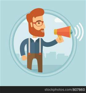 A hipster businessman with beard making a public announcement on the city street. Young businessman announcing through megaphone. Vector flat design illustration in the circle isolated on background.. Businessman making public announcement.