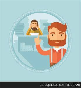A hipster businessman with beard pointing forefinger up on the background of employee sitting at workplace with lots of documents. Vector flat design illustration in the circle isolated on background.. Businessman with his employee on background.