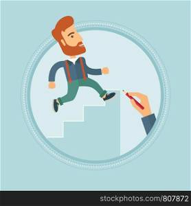 A hipster businessman with beard running upstairs drawn by hand with pencil. Man climbing to success. Concept of business career. Vector flat design illustration in the circle isolated on background.. Businessman running upstairs vector illustration.